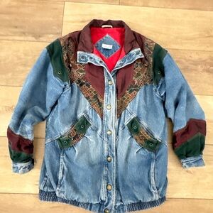 Vintage-90’s Denim Patchwork Jacket - Blue/Green/Burgundy